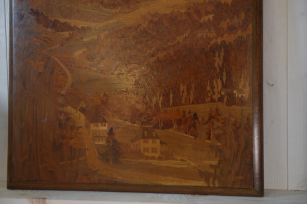 Tableau bois marqueterie décor de montage signé PIERRE ROSENAU Milieu XXème