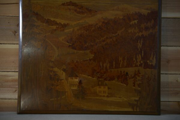 Tableau bois marqueterie décor de montage signé PIERRE ROSENAU Milieu XXème