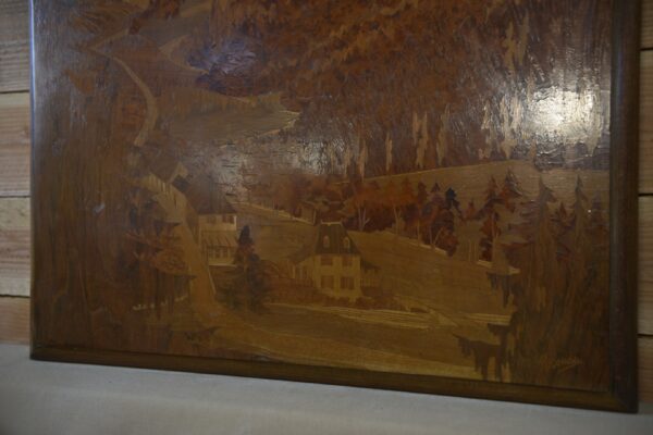 Tableau bois marqueterie décor de montage signé PIERRE ROSENAU Milieu XXème