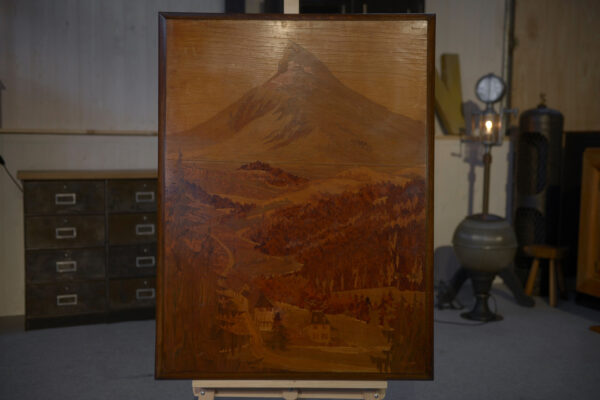 Tableau bois marqueterie décor de montage signé PIERRE ROSENAU Milieu XXème
