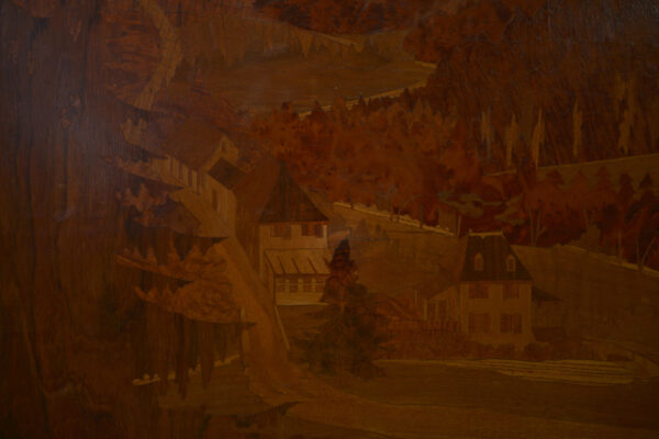 Tableau bois marqueterie décor de montage signé PIERRE ROSENAU Milieu XXème