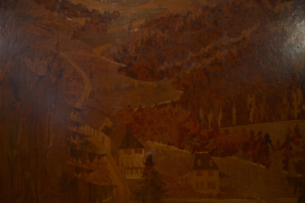 Tableau bois marqueterie décor de montage signé PIERRE ROSENAU Milieu XXème