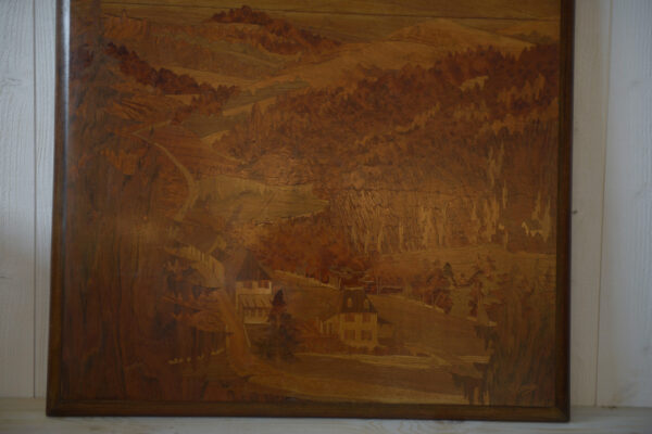 Tableau bois marqueterie décor de montage signé PIERRE ROSENAU Milieu XXème