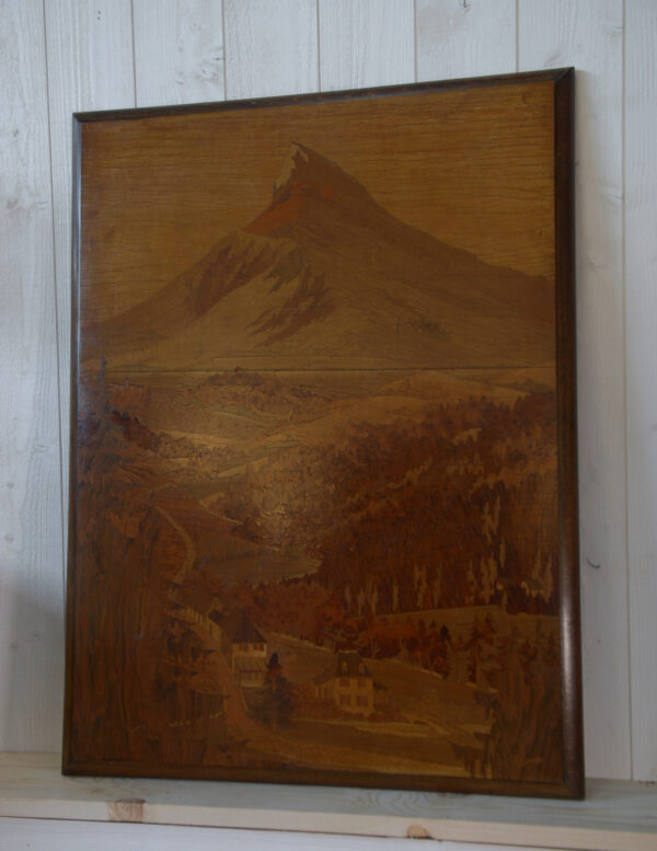 Tableau bois marqueterie décor de montage signé PIERRE ROSENAU Milieu XXème