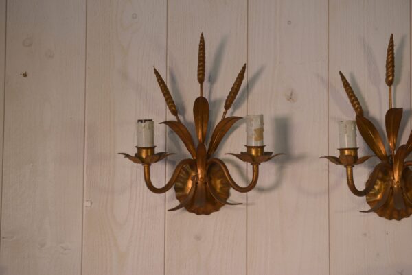 Lot de 3 appliques en fer forgé doré gerbe épi de blé 1960's