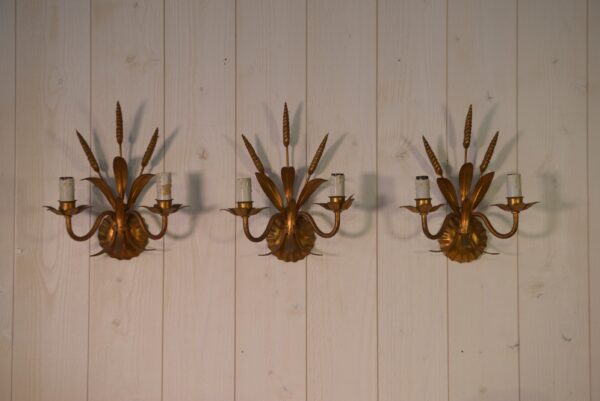 Lot de 3 appliques en fer forgé doré gerbe épi de blé 1960's