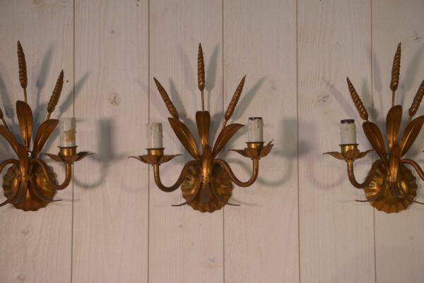 Lot de 3 appliques en fer forgé doré gerbe épi de blé 1960's