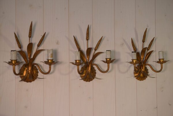 Lot de 3 appliques en fer forgé doré gerbe épi de blé 1960's