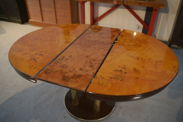 Table design en plaquage de loupe d'Orme par Ramaioli Pesaro 1970's