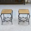 Paire de tables d'appoint en fer forgé et plateau en chêne travail français signé