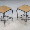 Paire de tables d'appoint en fer forgé et plateau en chêne travail français signé