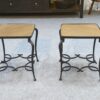 Paire de tables d'appoint en fer forgé et plateau en chêne travail français signé