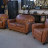Ensemble canapé 2 places et 2 fauteuils club en simili cuir Camel 1980's