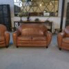 Ensemble canapé 2 places et 2 fauteuils club en simili cuir Camel 1980's