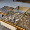 Table basse piètement acier avec encadrement en chêne et marbre gris 1970s