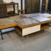 Table basse piètement acier avec encadrement en chêne et marbre gris 1970s