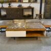 Table basse piètement acier avec encadrement en chêne et marbre gris 1970s