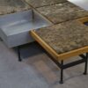 Table basse piètement acier avec encadrement en chêne et marbre gris 1970s