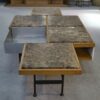 Table basse piètement acier avec encadrement en chêne et marbre gris 1970s