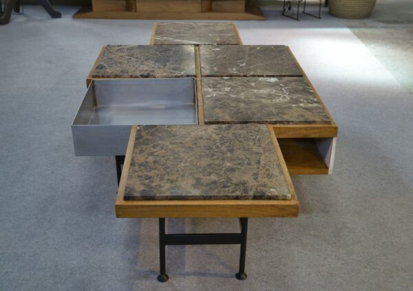 Table basse piètement acier avec encadrement en chêne et marbre gris 1970s