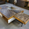 Table basse piètement acier avec encadrement en chêne et marbre gris 1970s