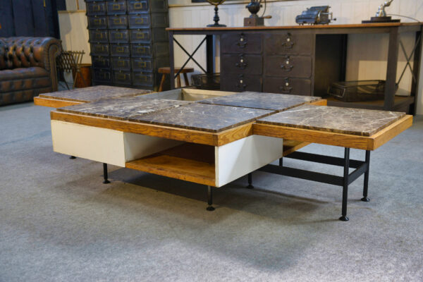 Table basse piètement acier avec encadrement en chêne et marbre gris 1970s