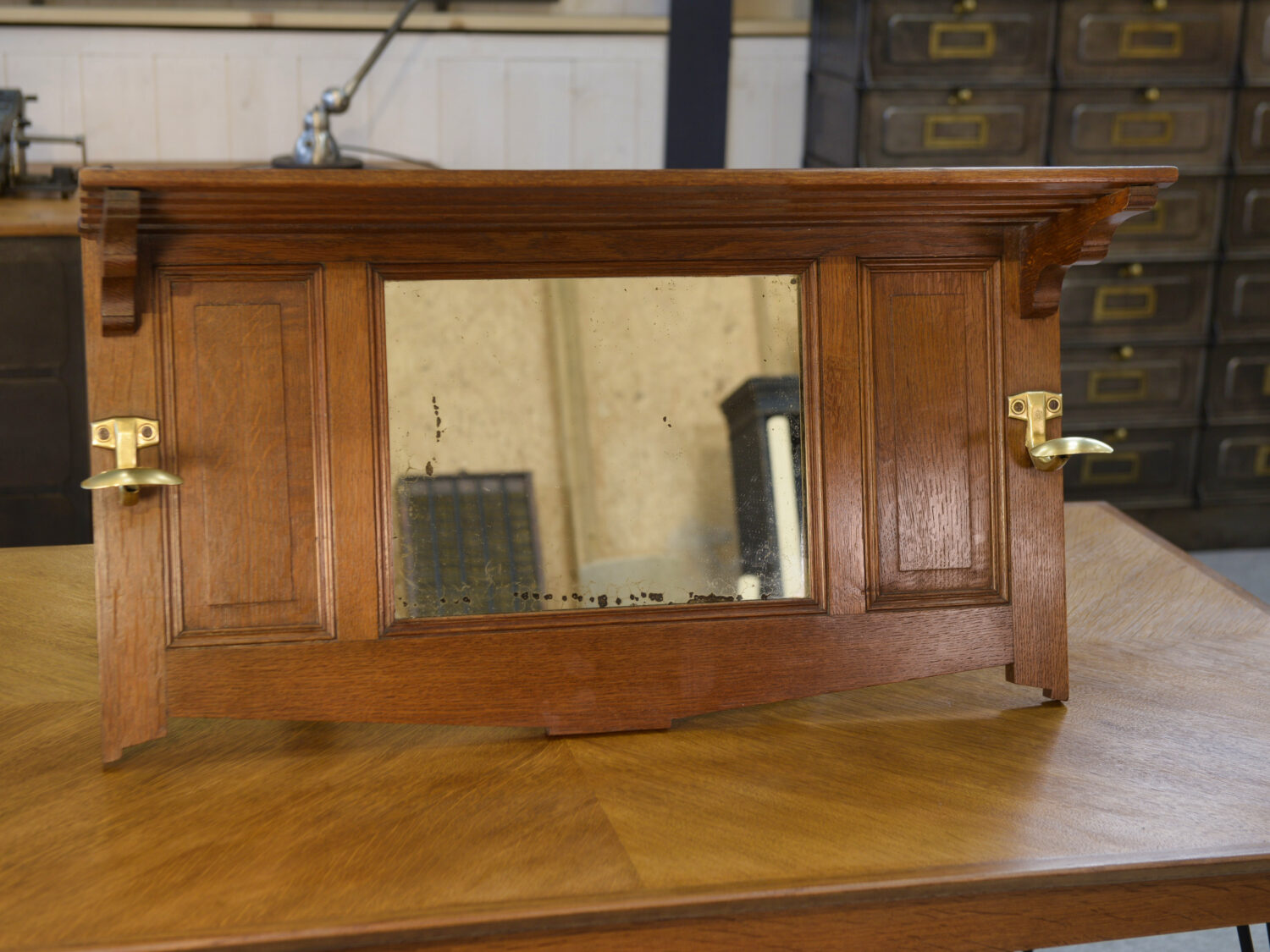 Porte manteau en chêne massif et 2 patères en laiton Art déco 1930's