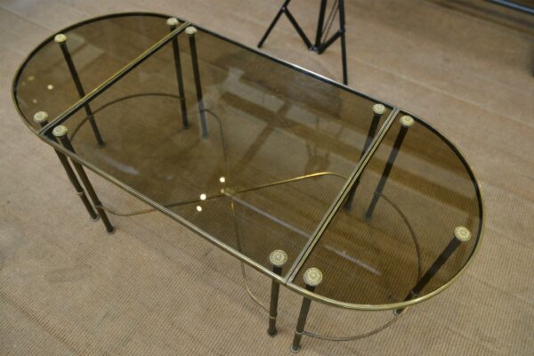 Table Basse Tripartite en Laiton et Verre par Maison Bagues, France, 1960s