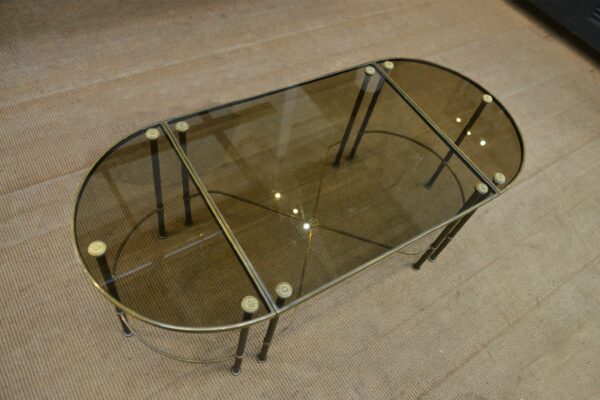 Table Basse Tripartite en Laiton et Verre par Maison Bagues, France, 1960s