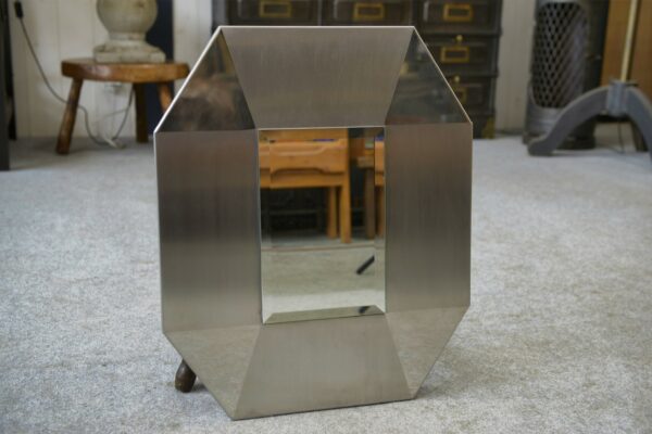 Miroir design en acier inoxydable brossé et chromé, verre biseauté 1970's