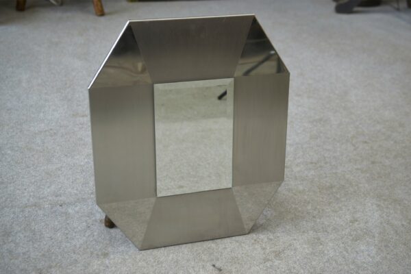Miroir design en acier inoxydable brossé et chromé, verre biseauté 1970's