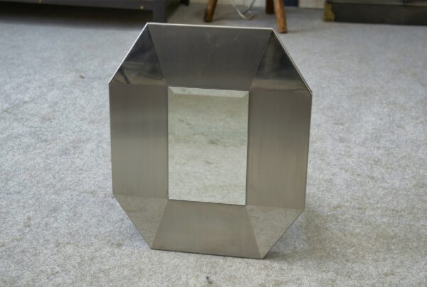 Miroir design en acier inoxydable brossé et chromé, verre biseauté 1970's