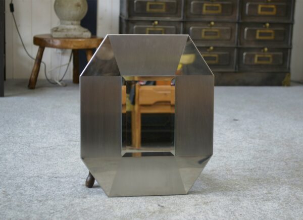 Miroir design en acier inoxydable brossé et chromé, verre biseauté 1970's