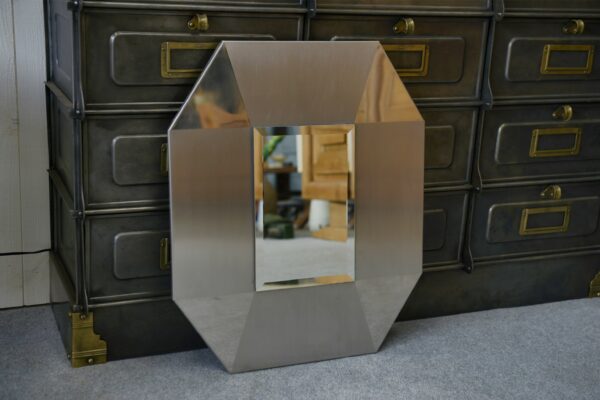 Miroir design en acier inoxydable brossé et chromé, verre biseauté 1970's