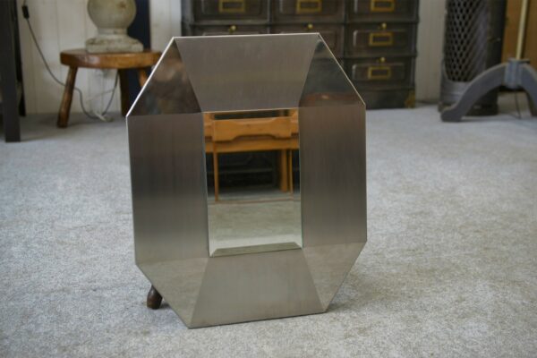 Miroir design en acier inoxydable brossé et chromé, verre biseauté 1970's