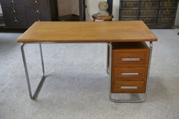 Bureau design Bauhaus en tube chromé et chêne massif par Kovona 1960's