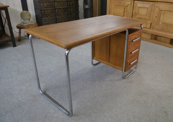 Bureau design Bauhaus en tube chromé et chêne massif par Kovona 1960's