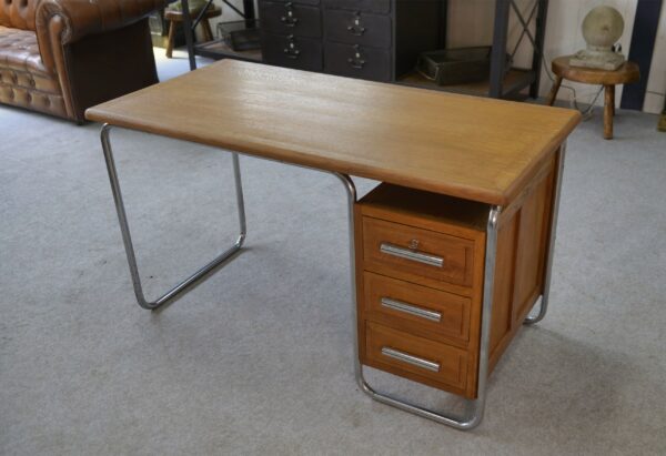Bureau design Bauhaus en tube chromé et chêne massif par Kovona 1960's