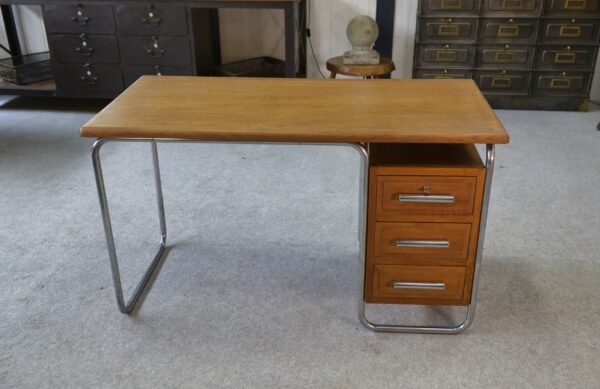 Bureau design Bauhaus en tube chromé et chêne massif par Kovona 1960's