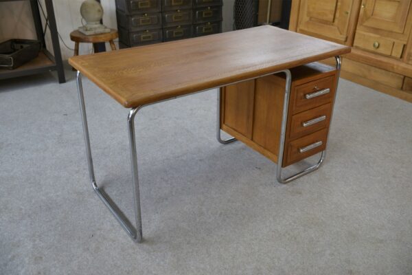 Bureau design Bauhaus en tube chromé et chêne massif par Kovona 1960's