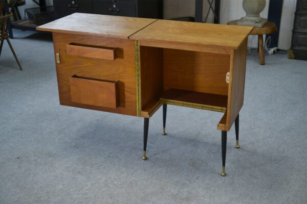 Meuble d'appoint dépliant en bureau, acier, laiton et chêne 1960's