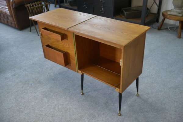 Meuble d'appoint dépliant en bureau, acier, laiton et chêne 1960's