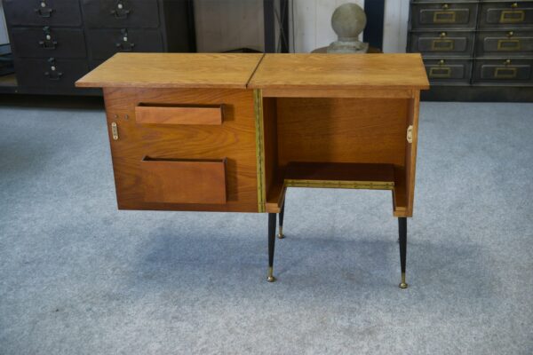 Meuble d'appoint dépliant en bureau, acier, laiton et chêne 1960's