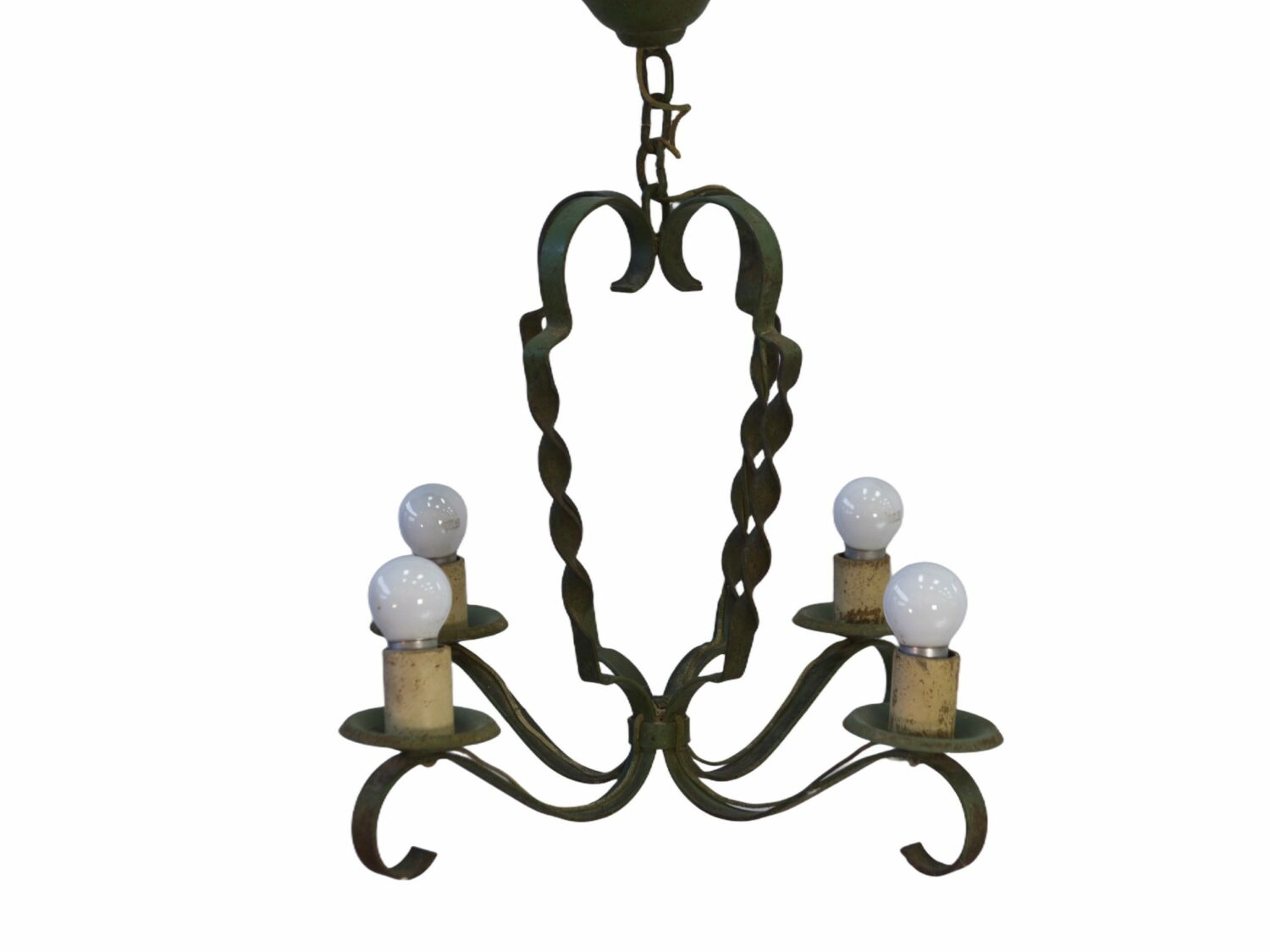 Lustre en fer forgé vert 4 bras 1950's